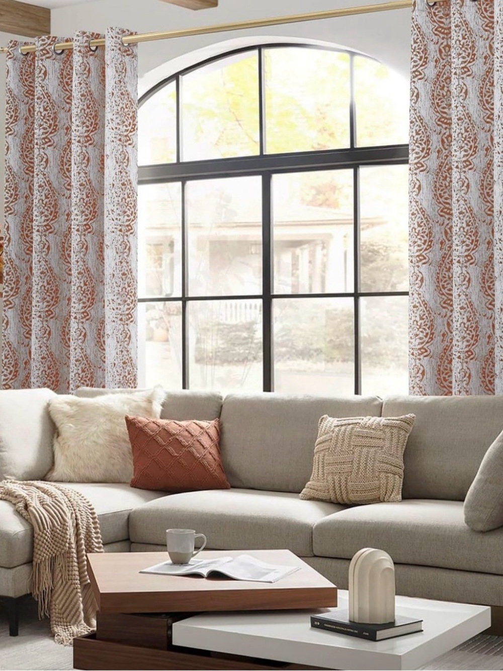 Rust Medallion Pattern Window Curtain Panel - White and Rust - Picture 7 of 10
